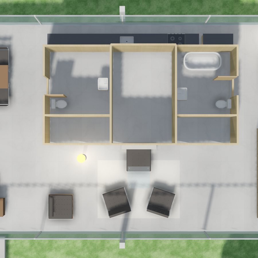 A mesma parte da casa em 3D, vista de cima, sem a cobertura