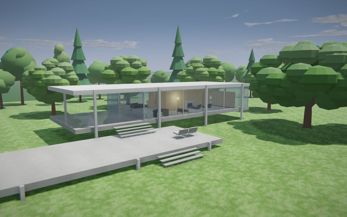 Casa Farnsworth em 3D no Domio, com o piso claro