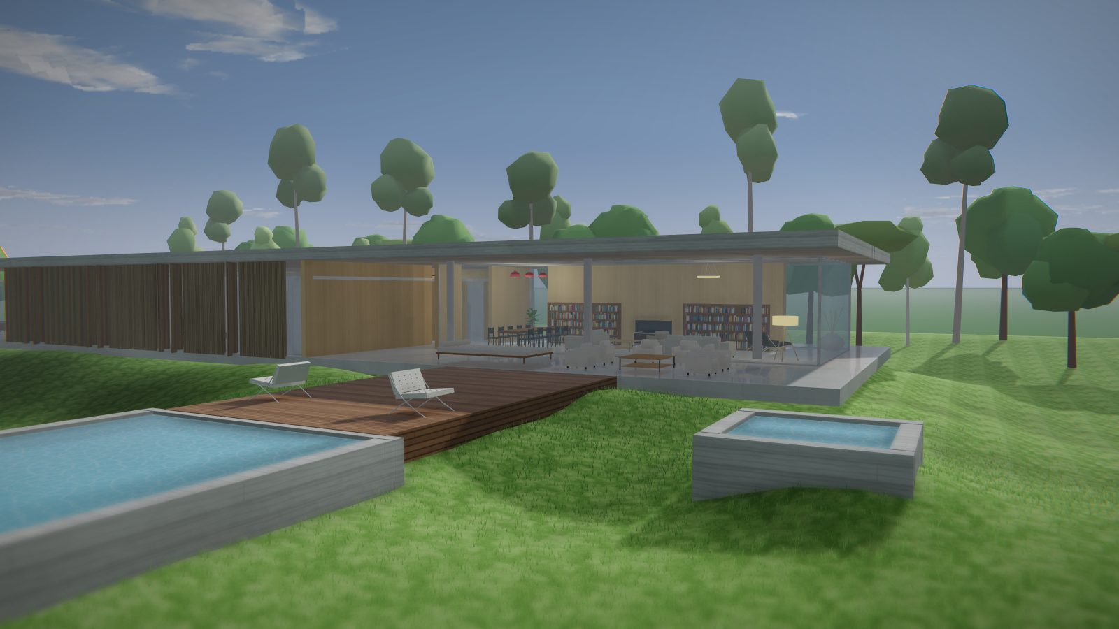Casa Redux em 3D vista do jardim, com a piscina e o deck
