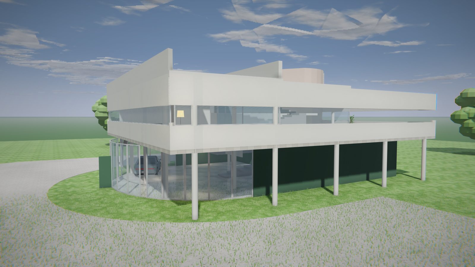 Villa Savoye em 3D vista de quina, sobre os pilotis