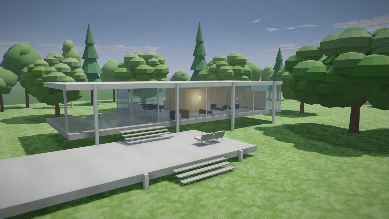 Casa Farnsworth em 3D vista do gramado, com o terraço e as escadas na frente