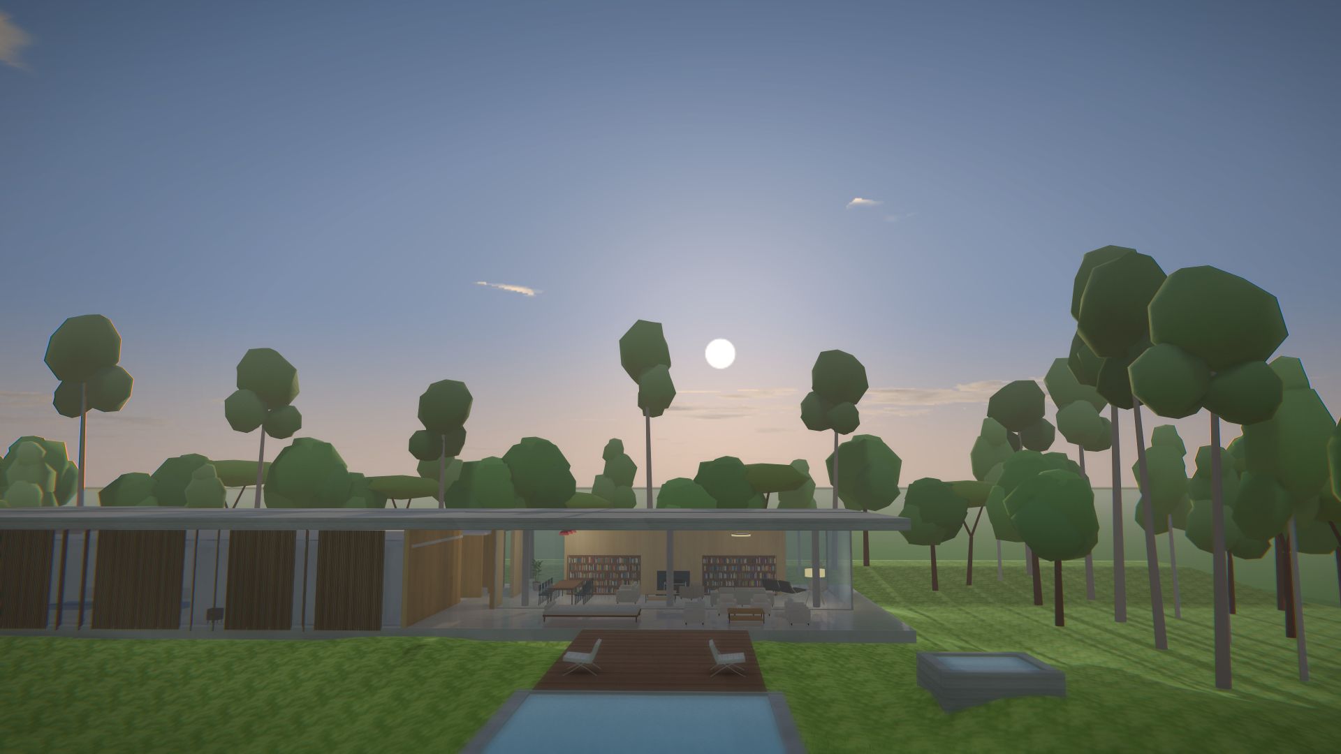 Casa Redux em 3D no fim da tarde, com o sol baixo entre as árvores e a piscina na frente