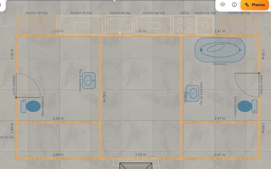 O núcleo da Casa Farnsworth na planta, com os dois banheiros e as medidas das paredes