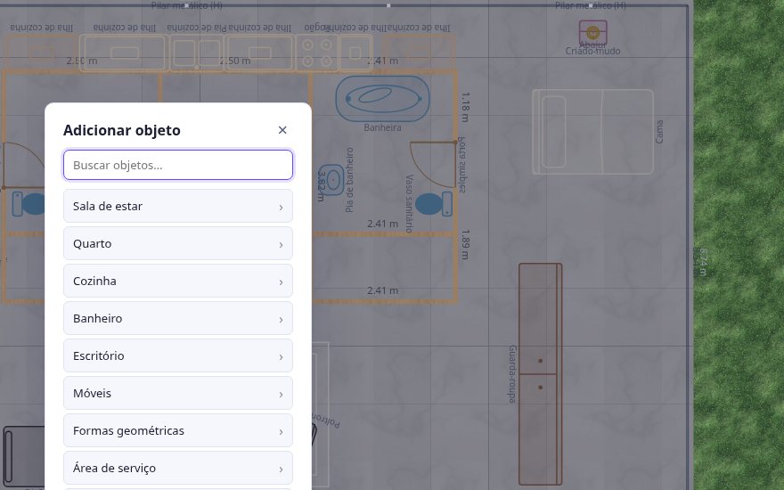 A lista de objetos aberta sobre a planta da Casa Farnsworth: sala de estar, quarto, cozinha, banheiro