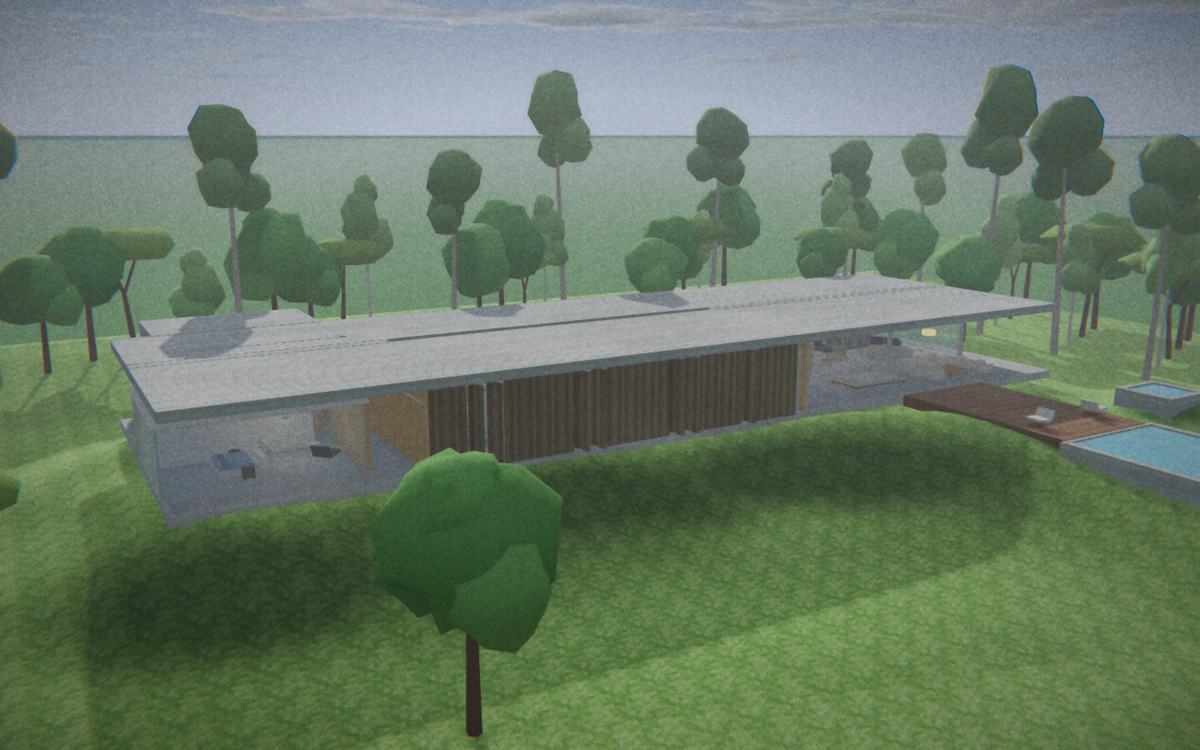 Casa Redux em 3D no Domio: a laje de concreto sobre os painéis de madeira, o deck e a piscina